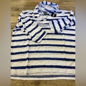 NWT Poof New York Striped Hoodie 3/4 Length Sleeve Shirt Blue And White‎ Size L